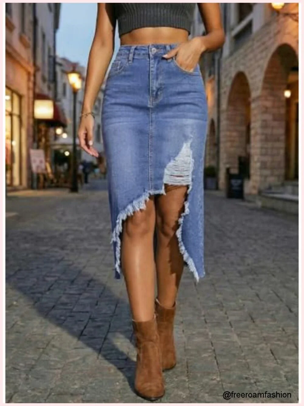 High Waisted Denim Skirt Distressed Button Front Midi Jean Skirt